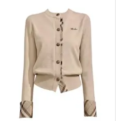 【新品未使用】ベージュ チェック柄袖カーディガン