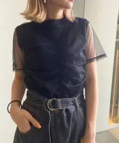 SHIRRING SHEER LAYERED TEE ブラック p250