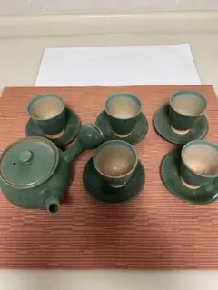 企救焼　緑色の急須と湯呑みセット