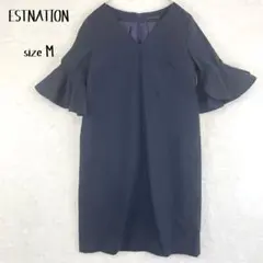 美品 エストネーション ラッフルスリーブワンピース ドレス ネイビー 38 Mのサムネイル