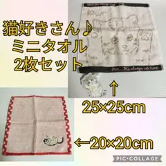新品 猫好きさん ミニタオル タオルハンカチ 2枚セット 25×25 20×20