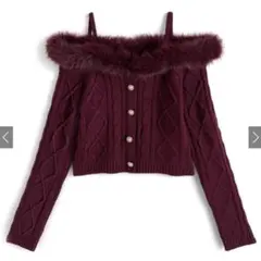 ファーオフショルダーケーブル編みニットトップス