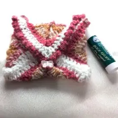 手編み ニットポーチ｜ピンク×ホワイト｜蝶モチーフ