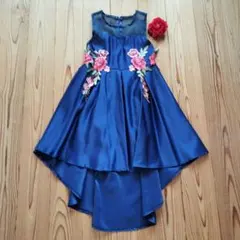 キッズドレス ネイビー 花柄刺繍 フィッシュテール