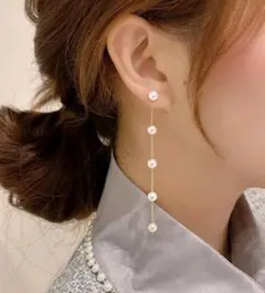 大人気デザイン☆パール 5連 ピアス ロングピアス ゴールドチェーン レディース