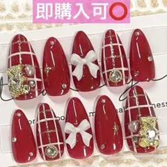 ネイルチップ現品オーダー量産型フレンチガーリー韓国スナ系チェックワンホン赤くま白