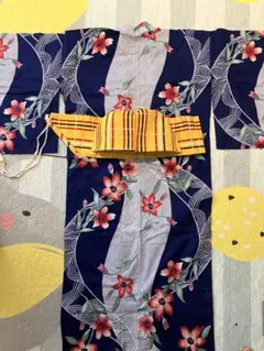 レディース　大人　ネイビー花柄浴衣　黄色の作り帯セット