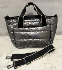 【軽量】キルティング2WAYバッグ　ダークシルバー　トートショルダーナイロン