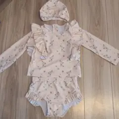 ベージュ フリル付き ラッシュガード.帽子3点セット 110cm