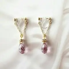 スワロフスキー☆ドロップ形クリスタル チェーンフープ ノンホールピアス