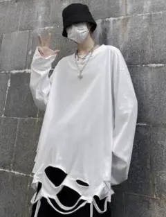 ロンT 白 ダメージ加工 長袖 ビッグシルエット 韓国 ユニセックス 春秋