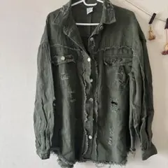 オリーブ色 ダメージ加工 カジュアルシャツ Lサイズ