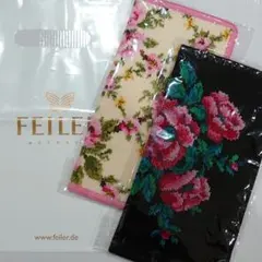 フェイラー　ハンカチ　2枚　セット　花柄　ハンドタオル　ベージュ　黒　ピンク