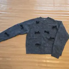 リボン付きグレー長袖ニット