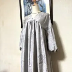 大島紬　Ｖネックギャザーワンピース　正絹　白大島　着物リメイク　ハンドメイド