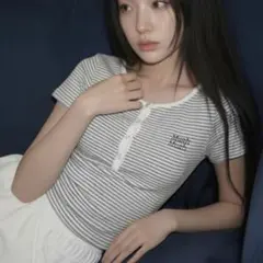muahmuah ヘンリーネックストライプ半袖Tシャツ ボーダー 韓国 トップスのサムネイル