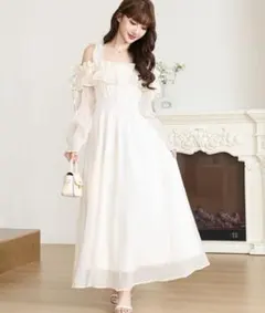 Anely オフショル シフォン フリル ロング ワンピース