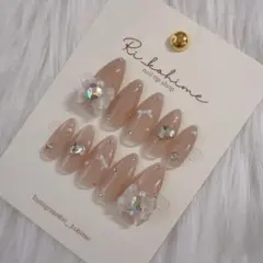 ピンクベージュちゅるんワンホン韓国ラメリボン綺麗目フレンチガーリー量産型ネイル