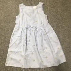 H&M ノースリーブ花柄ワンピース 130cm 水色白ストライプ　リボン付き