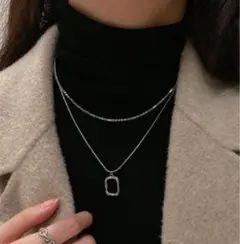 ネックレス　 韓国　二連　トレンドファッション　チェーン　シルバー　男女