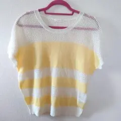 トップス 半袖 M 透かし編み メッシュ 白 黄色 Y2K 00s 体型カバー