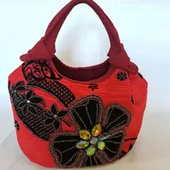 ビーズコットンバッグ　ビジュー　ベトナム雑貨・アジアン雑貨　赤黒