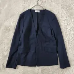 プラステ リネン混素材 ボタンレスノーカラージャケット M ネイビー 背抜き