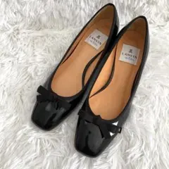 【美品】LANVIN en Bleuブラックエナメルリボンヒールパンプス23cm