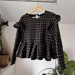 ZARA チェック柄 フリル付き長袖ブラウス
