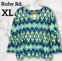 Ruby Rd. 【XL】青緑系多色使いチュニック 7分袖ゴールドスパングル装飾