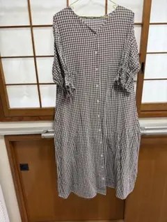 最終価格！　サマンサモスモス　白と茶色のギンガムチェックのワンピース　綿麻