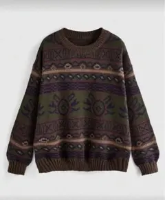 オリーブグリーン 幾何学模様 ニットセーター