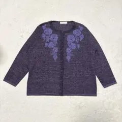 쇼와 레트로 ウール100% 花刺繍カーディガン 総柄 3L パープル 日本製