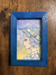 ミニ原画　一点物　レトロイラスト　ブルー系