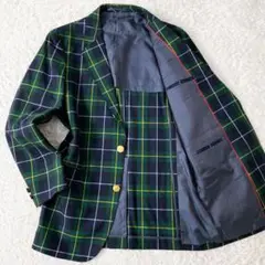 【美品】ジェイプレス ブレザー XLサイズ 金ボタン チェック柄 背抜き 緑