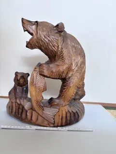 えぞ一刀作】レア 鯉を咥えた熊 木彫り 昭和レトロ 大きめサイズ