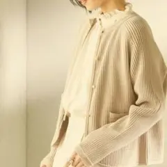 SHIPS ベージュ リブ編み クルーネック カーディガン M