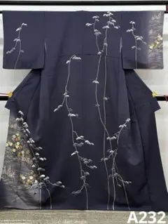 付け下げ 花 動物 錨 紋意匠 ぼかし八掛 正絹 紺地 躾糸付き A299 