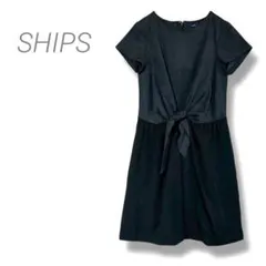 【シップス】✨良品✨異素材切替膝丈ワンピース S相当 黒 綿混 バックファスナー
