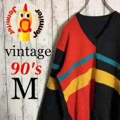 【ヴィンテージ◎】古着 メンズ 90s セーター 黒 Vネック 昭和レトロ 希少