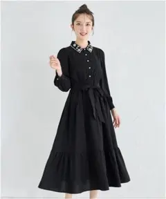 【新品タグ付き】ウエストりぼん付きパールビジューティアードシャツワンピース