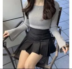 新品L GRL スクエアネックフレアスリーブリブニットトップス［K9153c］