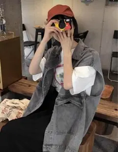 古着美品ベスト ダークグレー デニムジレ