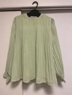 シフォンプリーツ長袖ブラウス 38/M ライトグリーン