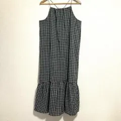 チェック柄キャミワンピースティアードロングワンピース L ブラック ブラウン