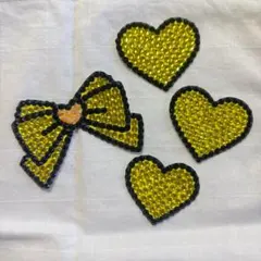 デコうちわ　デコパーツ　ストーン　黄色　ハート　リボン　4点セット