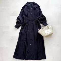 人気 シップス バンドカラー サイドプリーツ ロングワンピース 洗える ネイビー