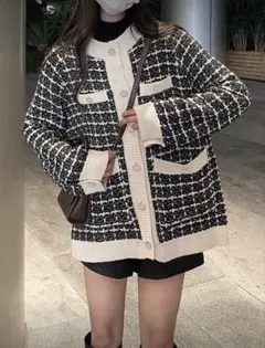 ツイードスタイル 長袖カーディガン ブラック/ホワイト