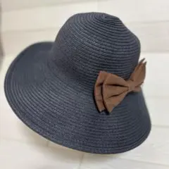【美品✨ストローハット】groveリボン付　ダークグレー　麦わら帽子 　UV対策
