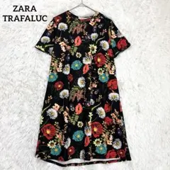 ザラ　ZARA 花柄ワンピース ブラック　M ひざ丈 フレア 総柄 半袖